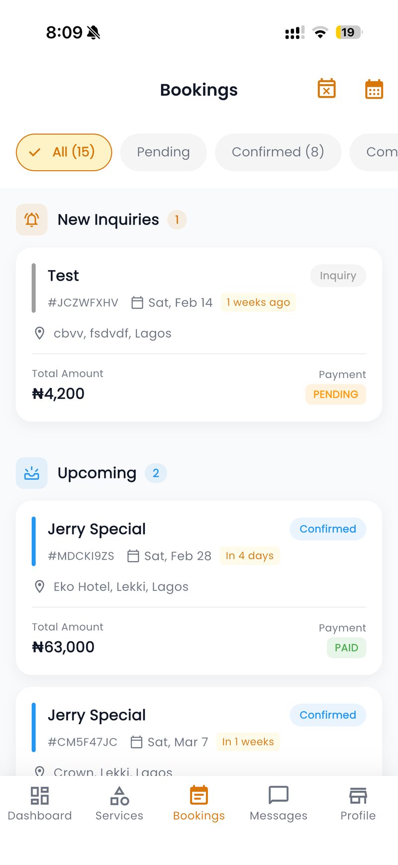 Vendor app — Bookings